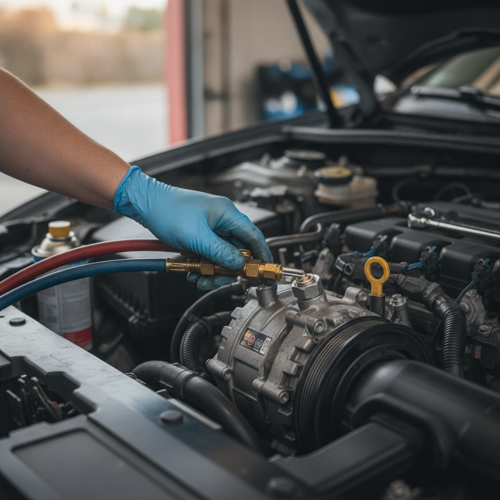 Mechanic doing Air Conditioning Repair, show the hand only doing Air Conditioning Repair